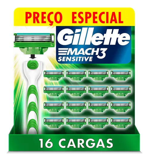 Barbeador + Carga Para Aparelho De Barbear Mach3 Sensitive 16un Gillette
