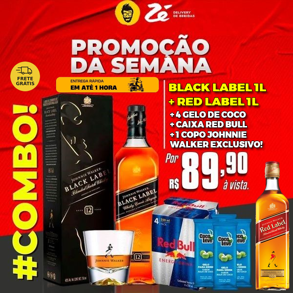 COMBO - 1 BLACK LABEL 1 LITRO + 1 RED LABEL 1 LITRO + 4 RED BULL + 4 GELO DE COCO  1 COPO WHISKY JOHNNIE WALKER 300ML ✔️